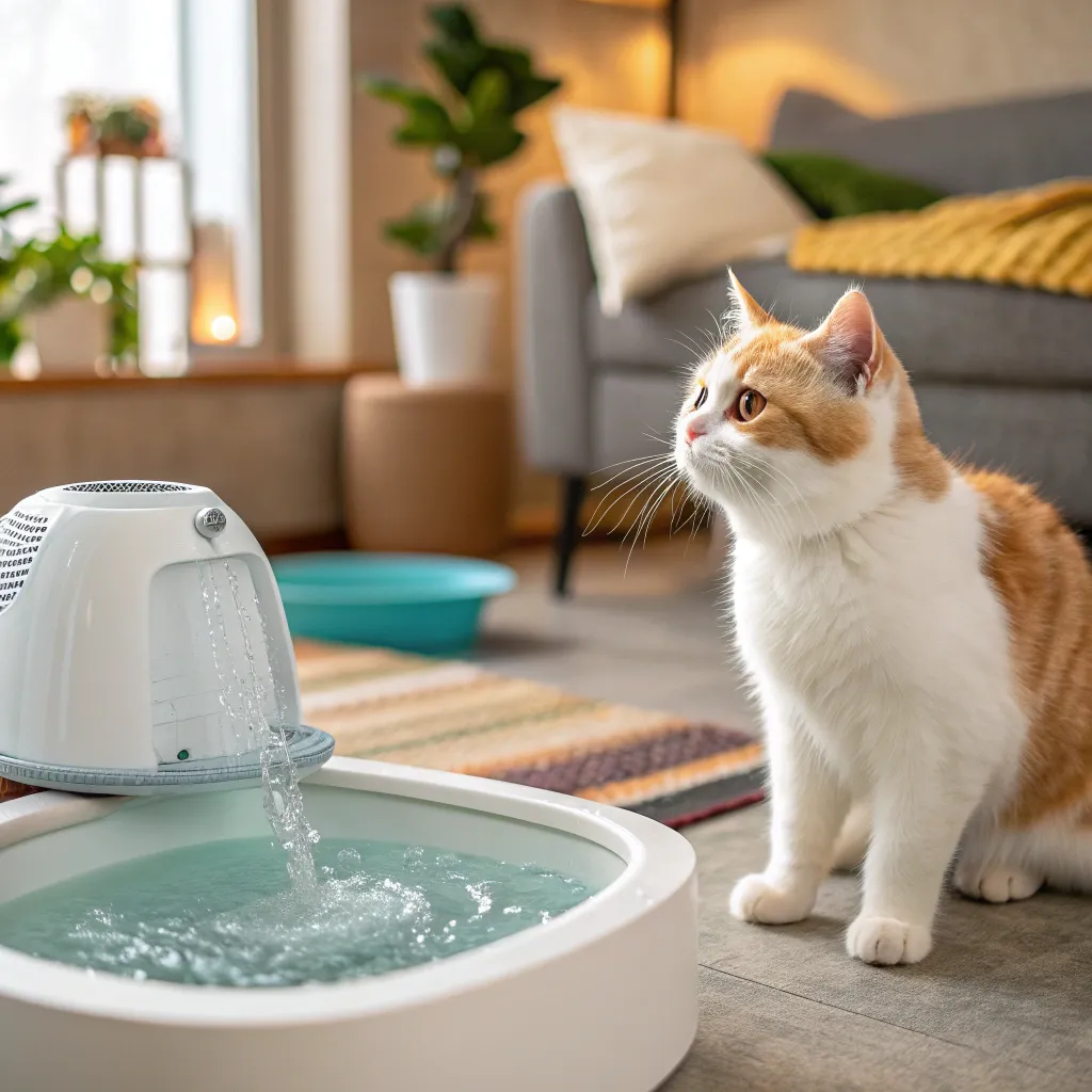 Munchkin cat drinking from a water fountain with a litter box nearby, promoting urinary health.