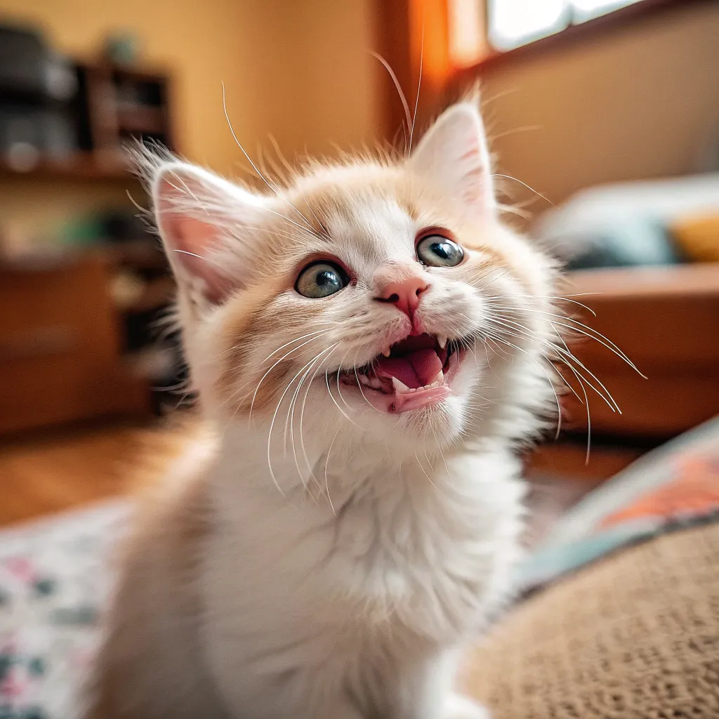 Munchkin cat with pristine pearly whites in a cozy home environment.