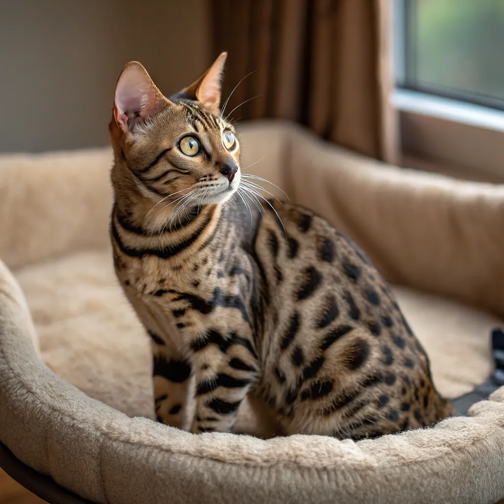 Healthy Bengal cat with spotted coat on pet bed, illustrating proper Bengal cat care.