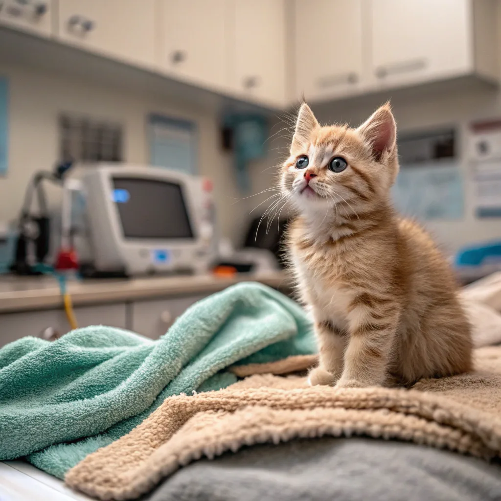 Happy kitten in a veterinary clinic before spaying procedure.