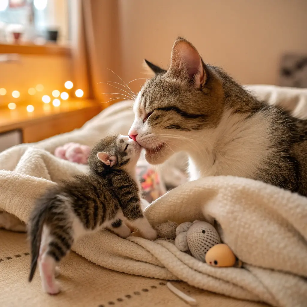 Mother cat carrying a kitten in her mouth, showcasing feline maternal instincts.