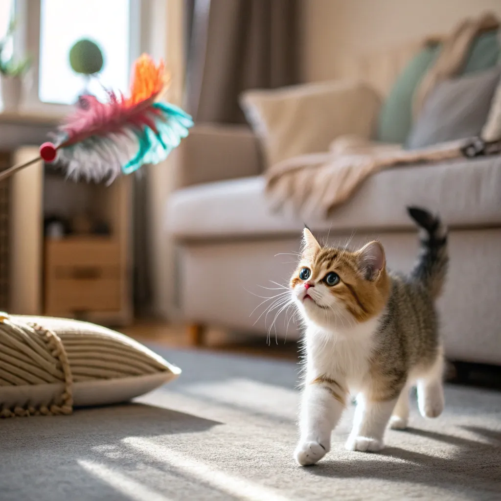 Munchkin cat playing with a feather toy, showcasing its playful behavior.