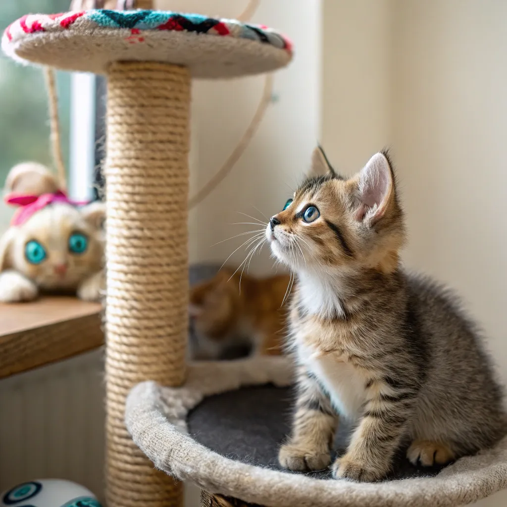 Curious Munchkin Cat observing another cat from a safe perch.