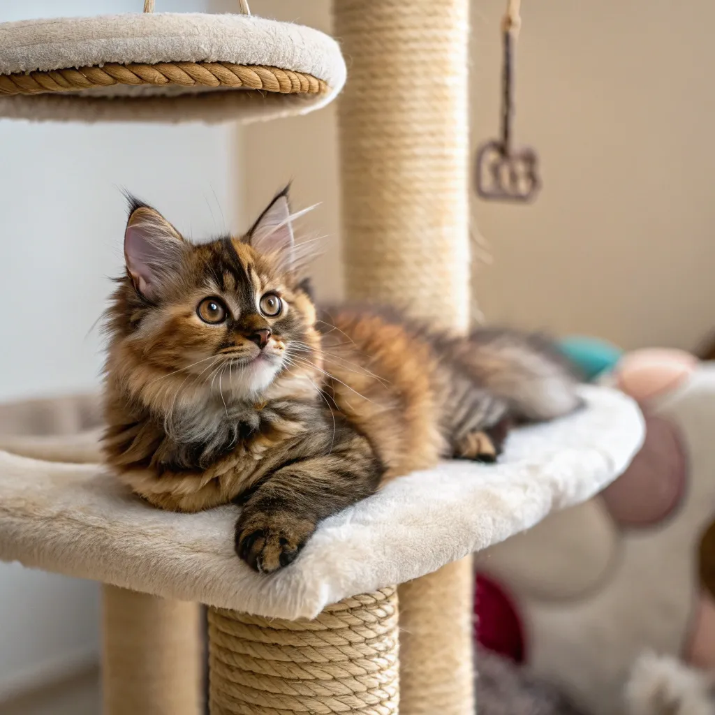 Munchkin Cat Care 2 Munchkin cat with short legs relaxing on a low cat tree.