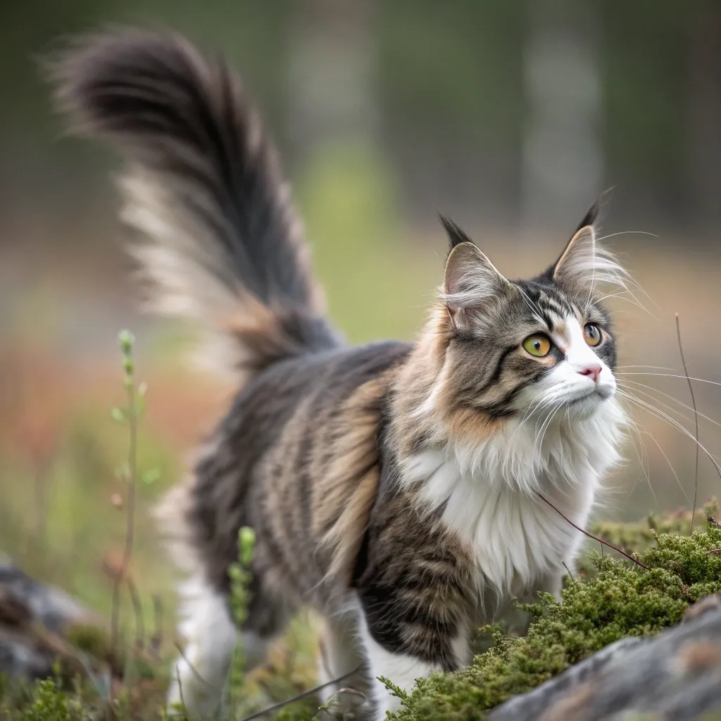 Norwegian Forest Cat with lush double coat in natural light.