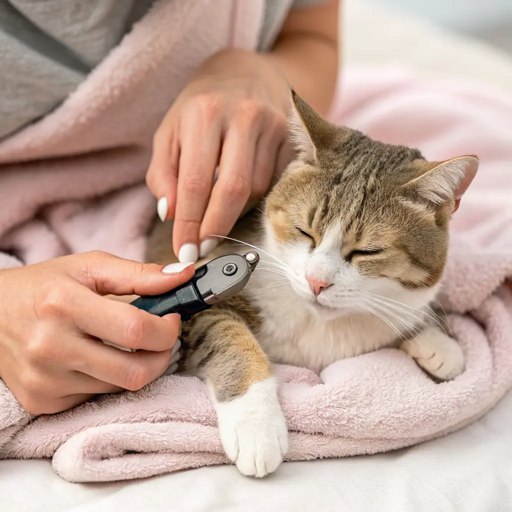  Person trimming a cat’s nails with pet-safe clippers while the cat rests on a soft blanket.