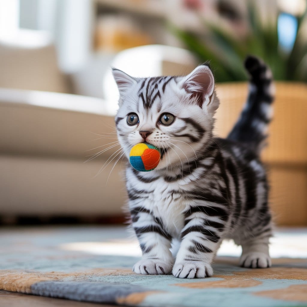 American Shorthair kitten holding a colorful ball, ready to fetch.