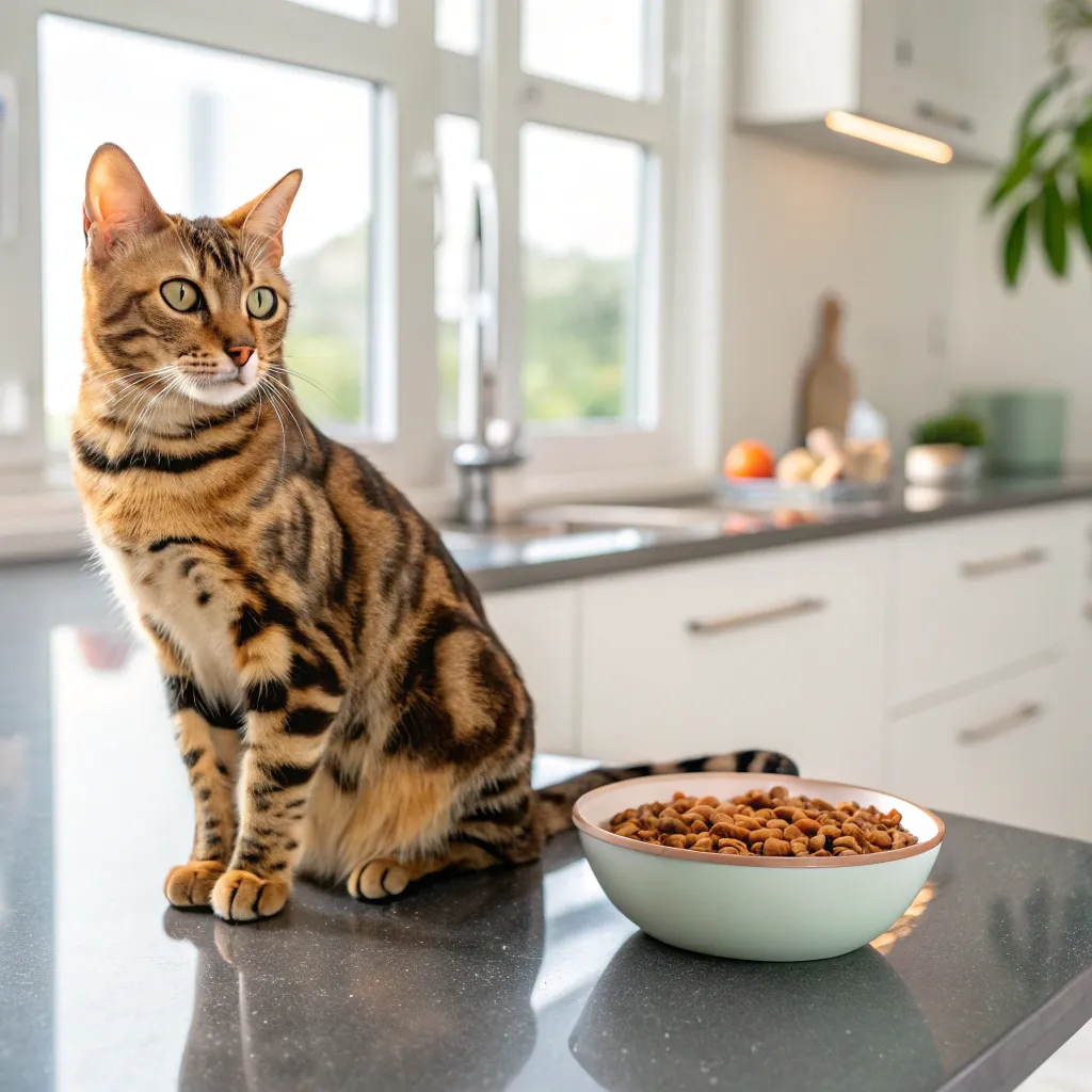 Senior Bengal cat with shiny coat next to a bowl of wet food