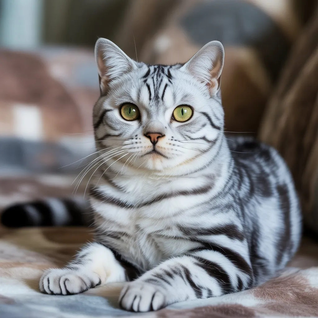 Silver tabby American Shorthair cat with green eyes resting on a blanket, showcasing its unique features.