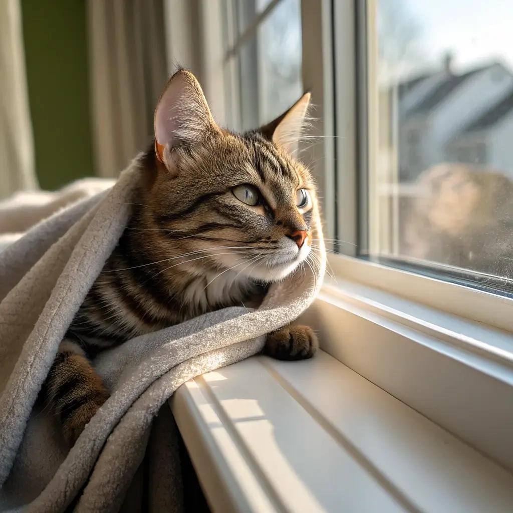Tabby cat relaxing on a windowsill after *cat adoption*, representing the joy of finding a *new best friend cat*.
