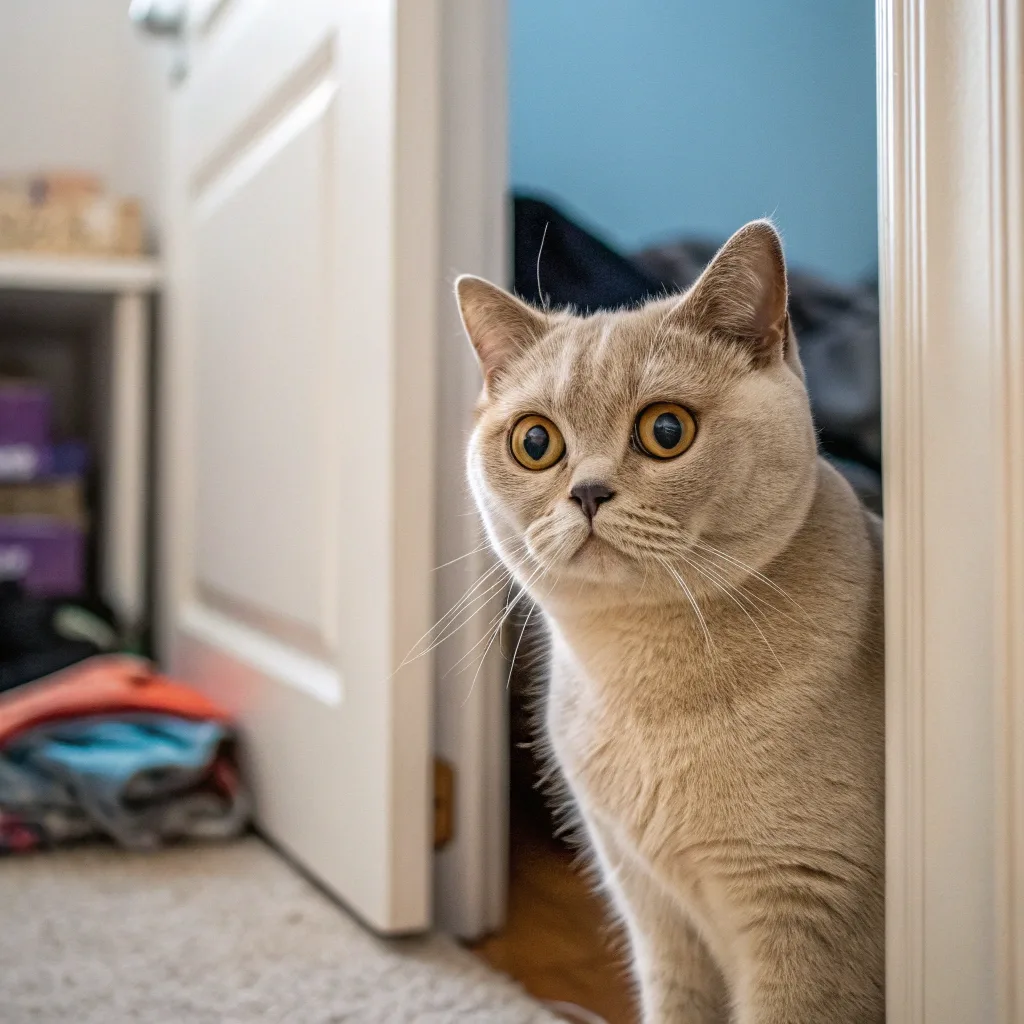 Anxious cat sitting near a bedroom door, showing signs of stress or unease.