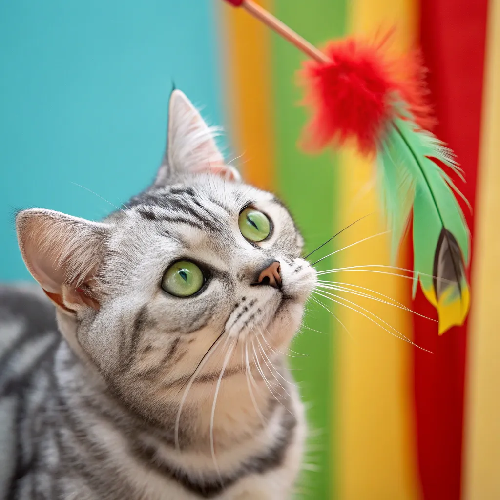 An American Shorthair cat with green eyes playfully engaging with a feather toy.
