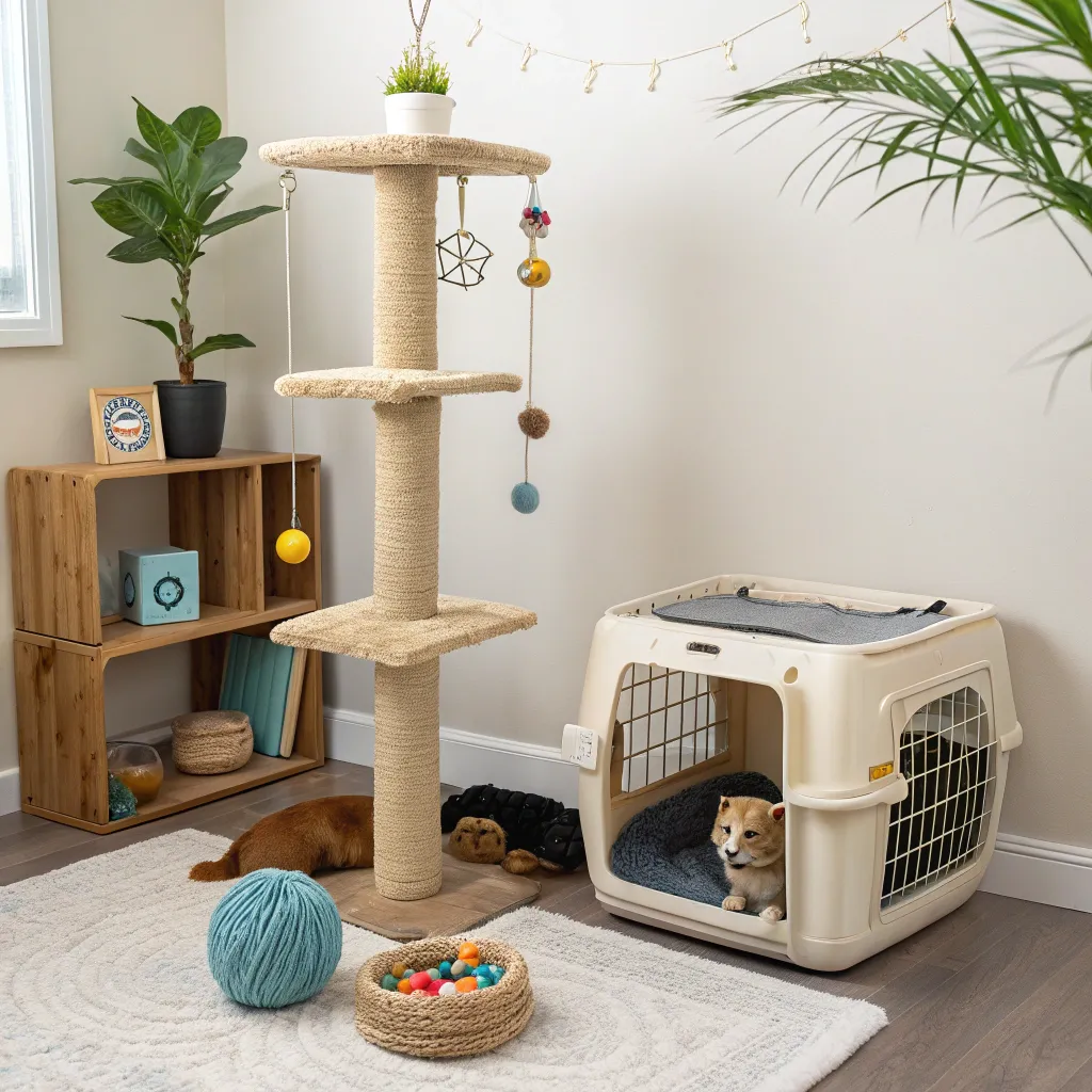 a cozy home setup showing a cat tree for a munchki