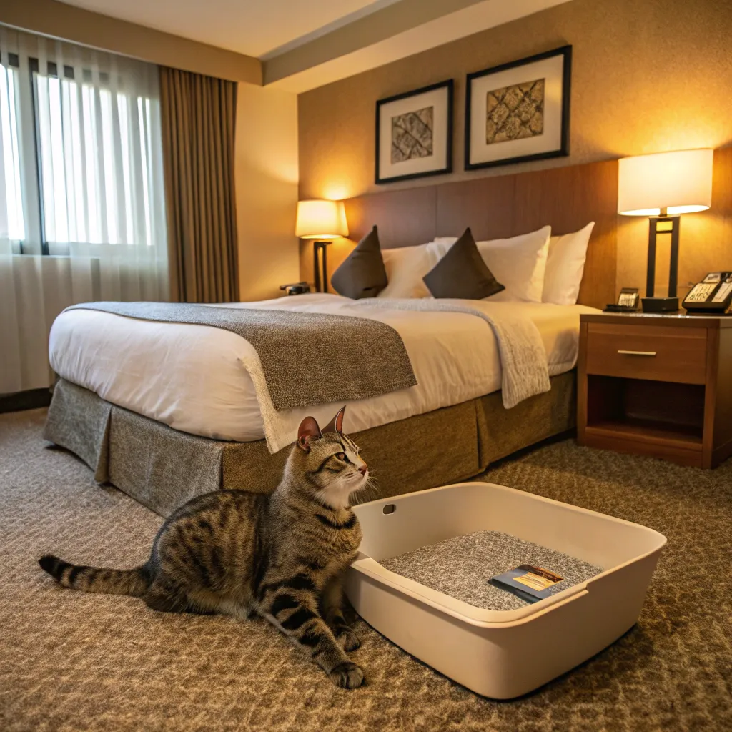 A cozy hotel room with an American Shorthair cat lounging on a pet-friendly bed, a litter box neatly tucked in a corner, warm and inviting lighting.
