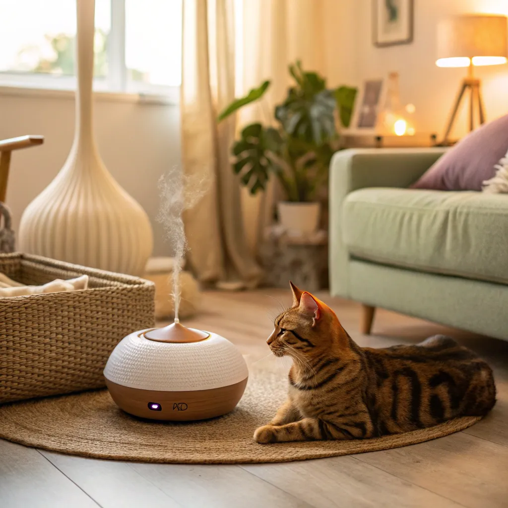 Bengal Cat relaxing near a Feliway diffuser in a cozy living room.