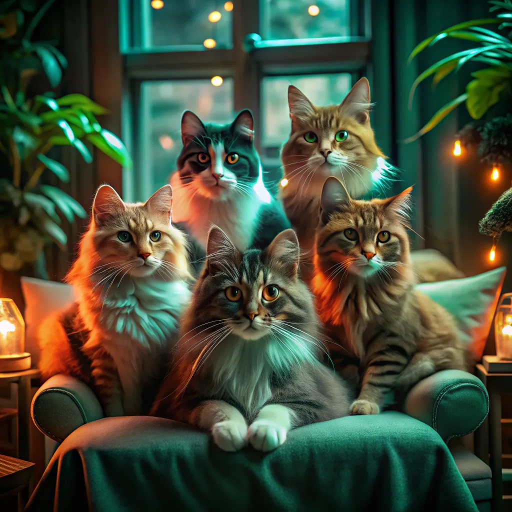 Norwegian Forest Cat and other cats in a harmonious multi-cat household, lounging on perches.