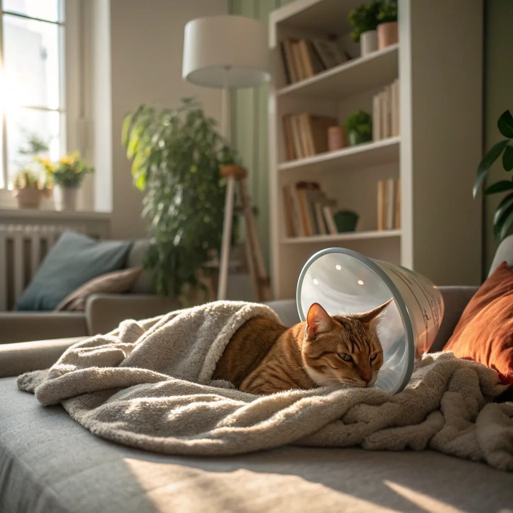 Cat recovering from spaying surgery with an Elizabethan collar in a cozy home setting.