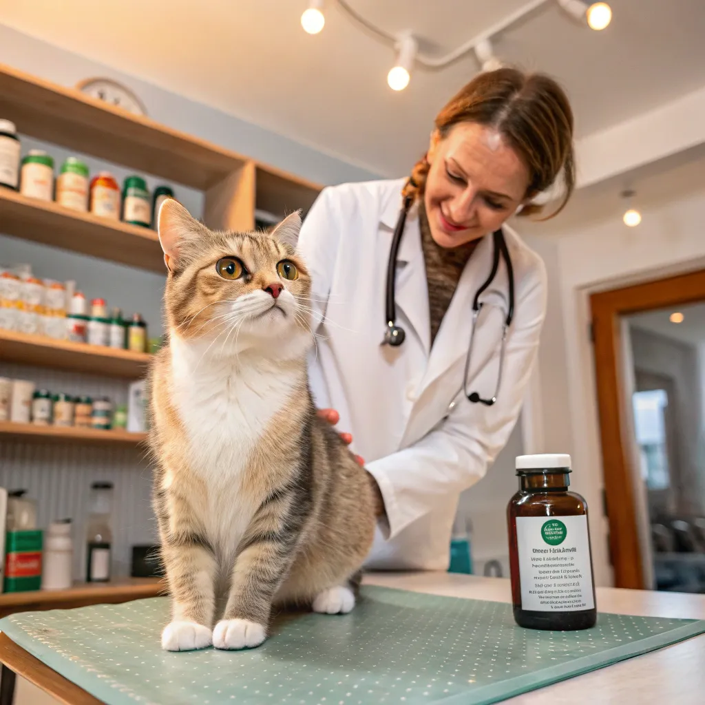 Vet examining a Munchkin cat with herbal urinary supplements in a clinic setting.