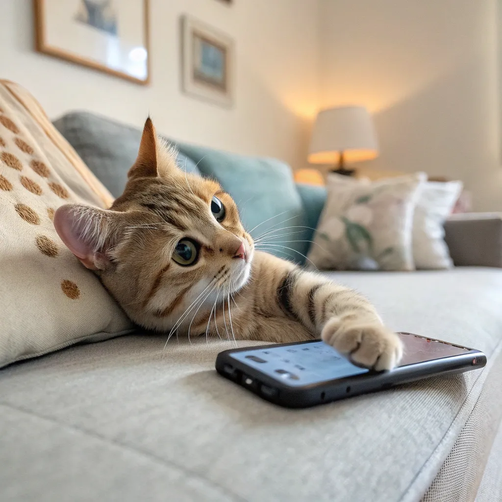 A curious cat pawing at a phone on a couch, with a playful expression.*