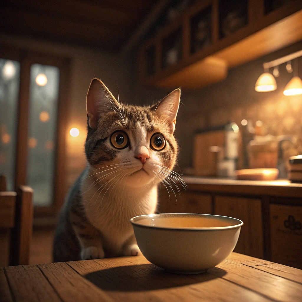 A cute cat meme of a hungry cat looking at an empty food bowl with a sad expression.*