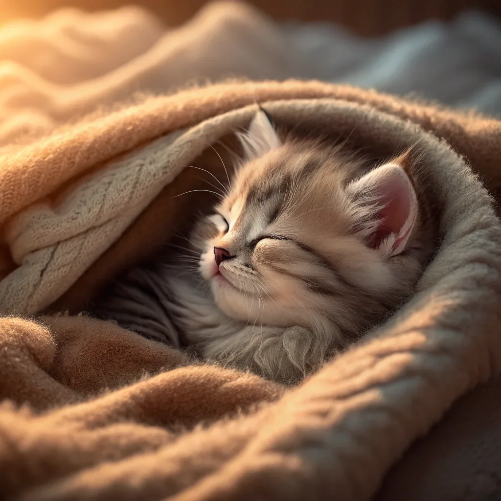 A cute kitten curled up in a warm blanket, recovering safely after a spaying procedure in a nurturing environment.