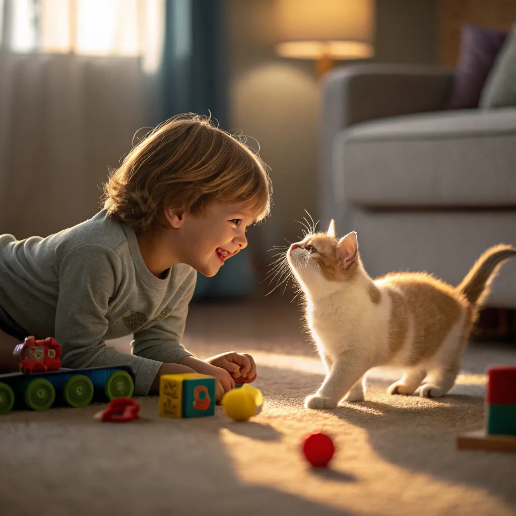 Cute Munchkin Cat playing with a child in a cozy home setting.