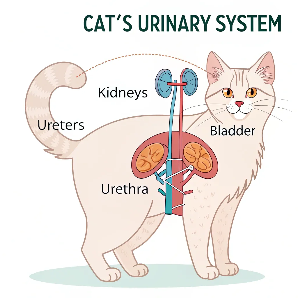 Diagram of cat urinary system, highlighting kidneys, ureters, bladder, and urethra for Munchkin cat health education