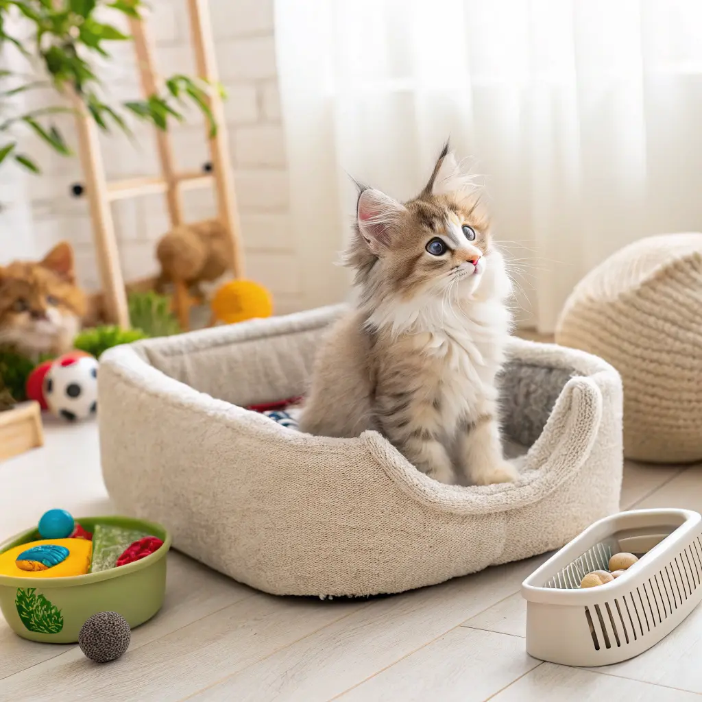 Maine Coon kitten in a pet bed with toys and a litter box, illustrating essentials for raising a kitten.
