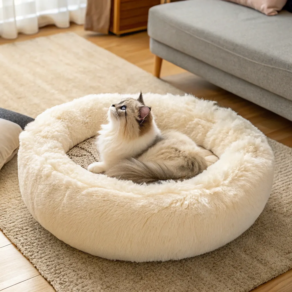 Munchkin cat napping in a plush, round Munchkin cat bed on a cozy rug