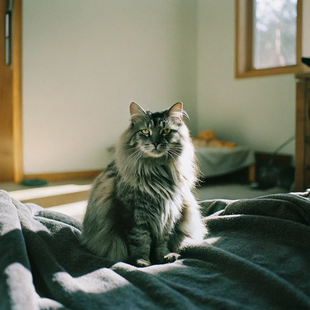 Norwegian Forest Cat with silver tabby fur on a cozy blanket, showcasing its majestic appearance.