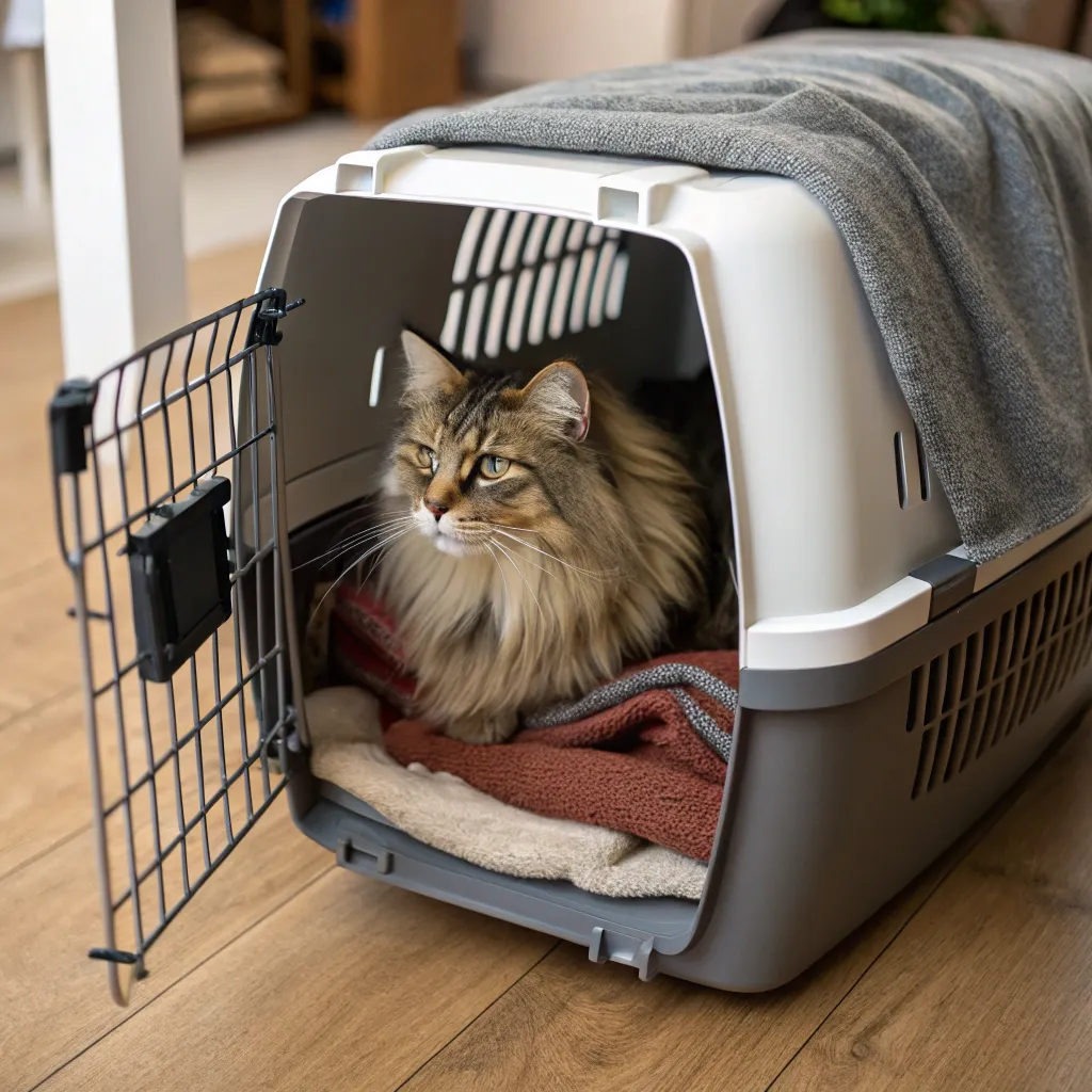 Norwegian Forest Cat in a spacious, comfortable pet carrier.