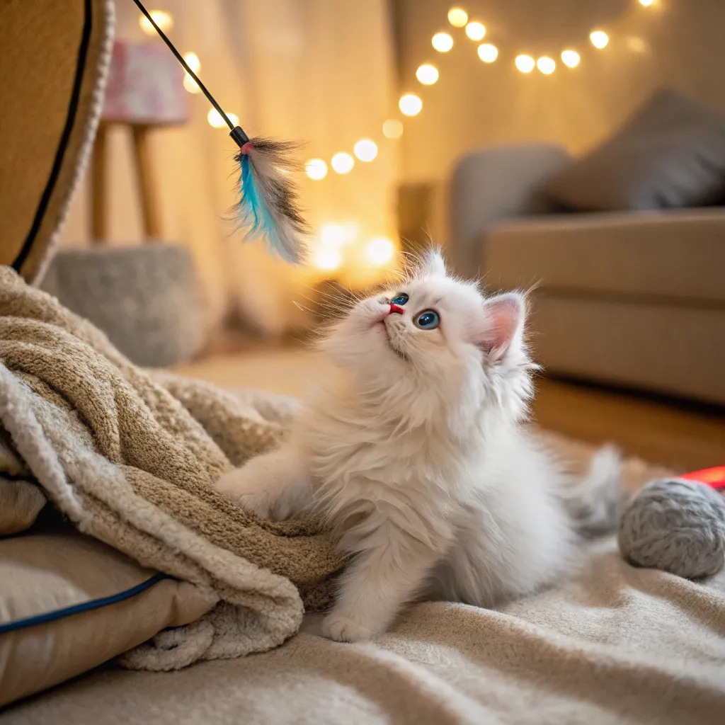 A fluffy Persian kitten with big, curious eyes, playfully batting at a feather toy in a warm, inviting setting.