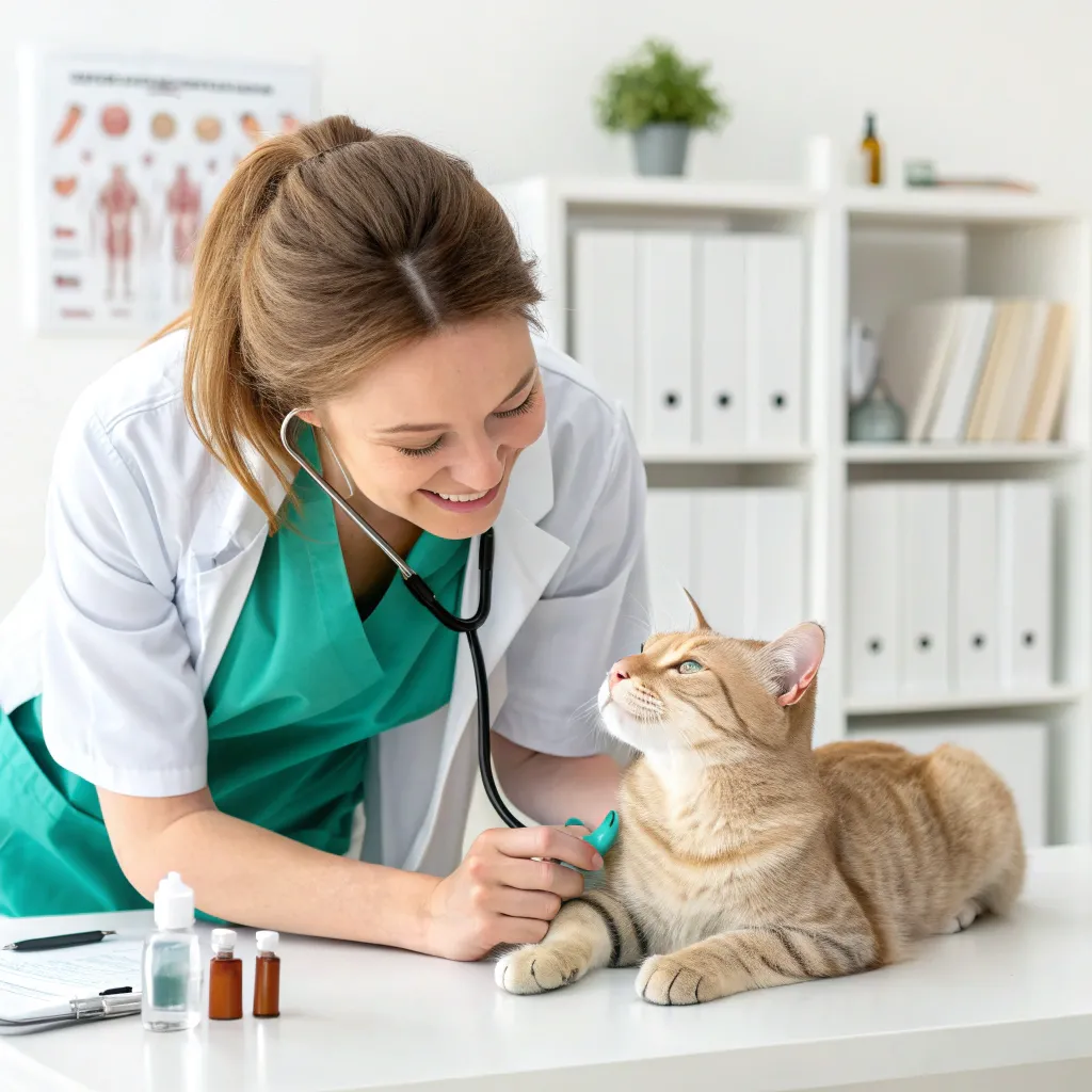 Veterinarian checking a cat’s health to ensure proper recovery after catheter rem