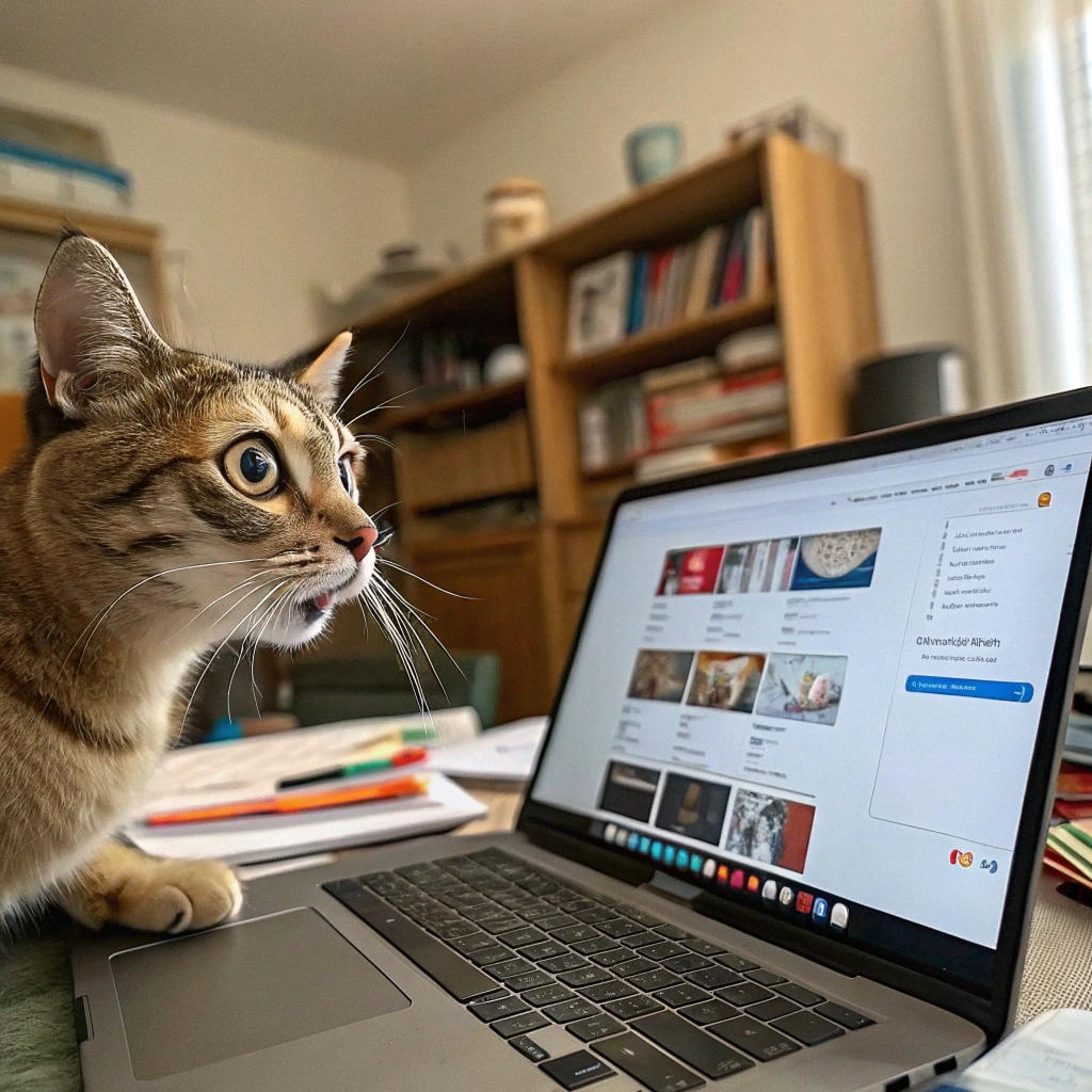 a funny cat meme showing a cat in a panic typing