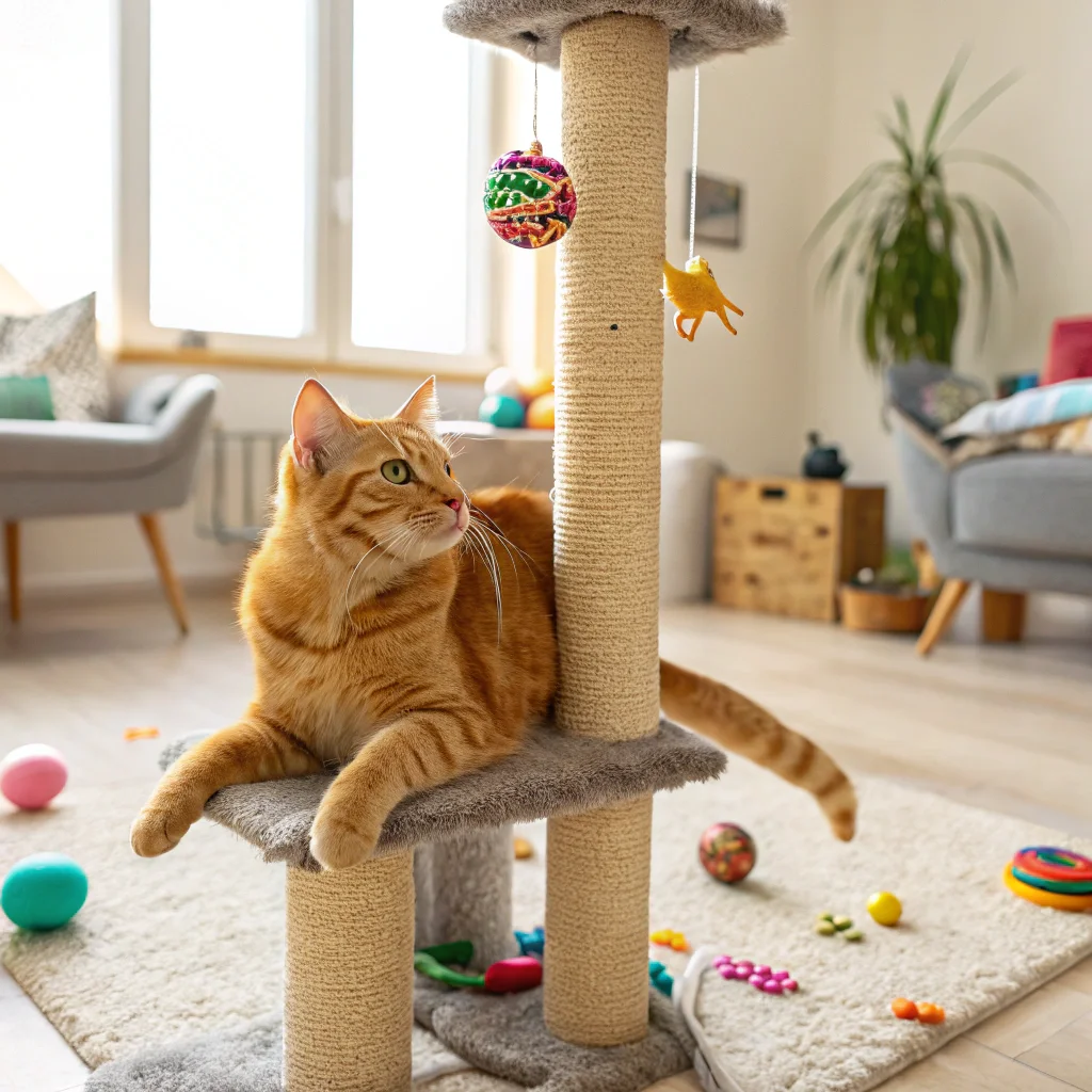 A ginger male cat lounges playfully on a cat tree in a bright living room, surrounded by toys.