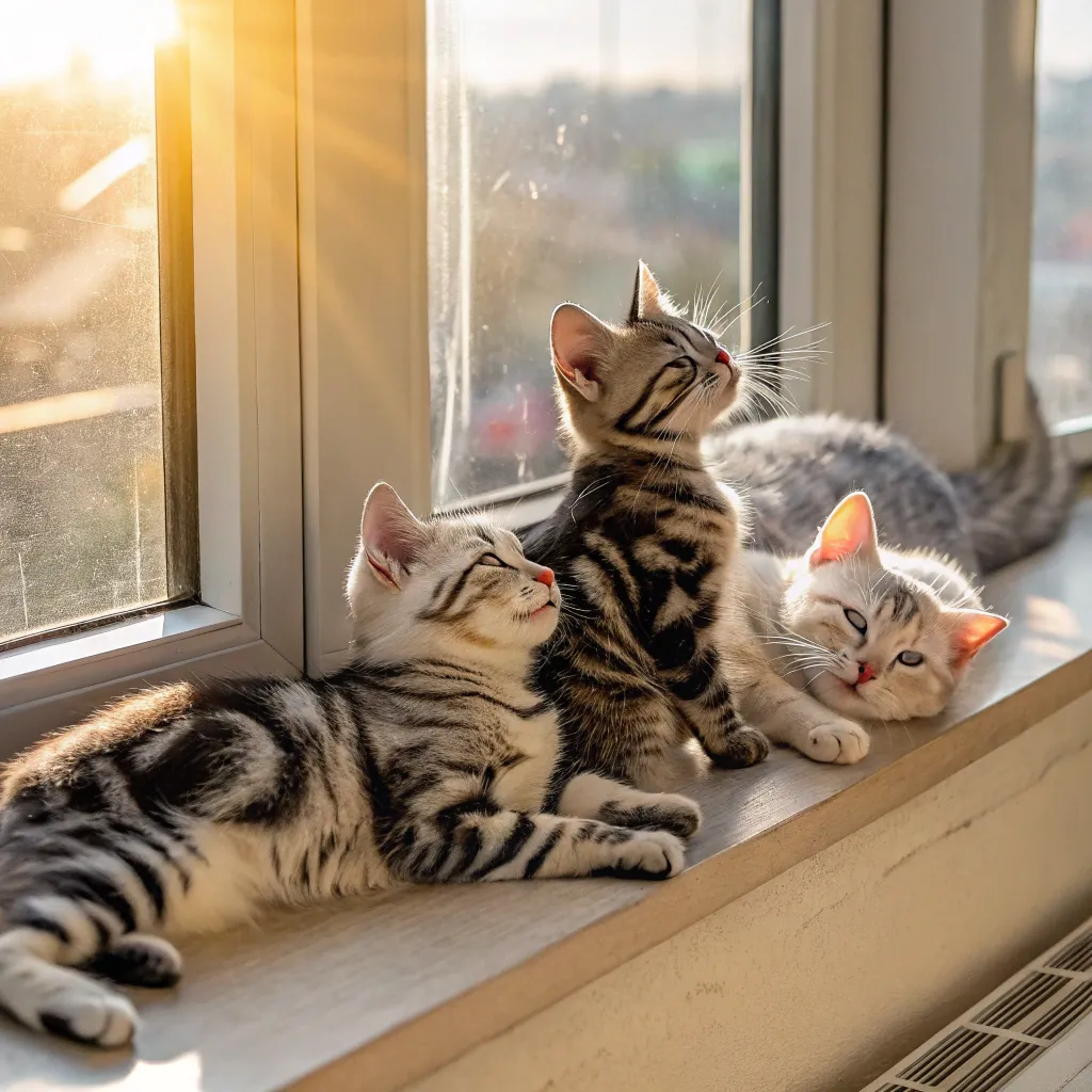 Group of American Shorthair cats with diverse coat colors relaxing on a windowsill, showcasing their unique features.