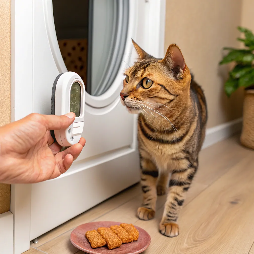 Clicker and treat used for Bengal cat door training.