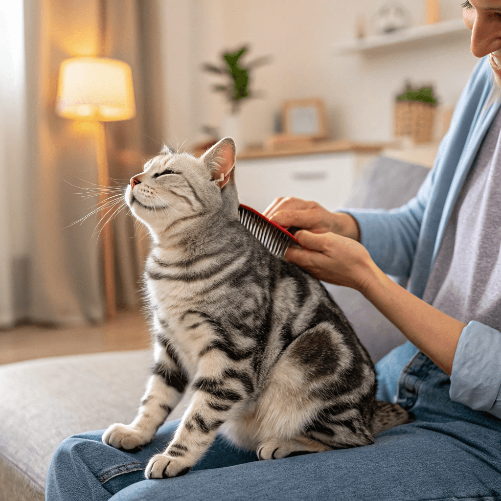 a happy american shorthair cat being brushed gentl 1 1