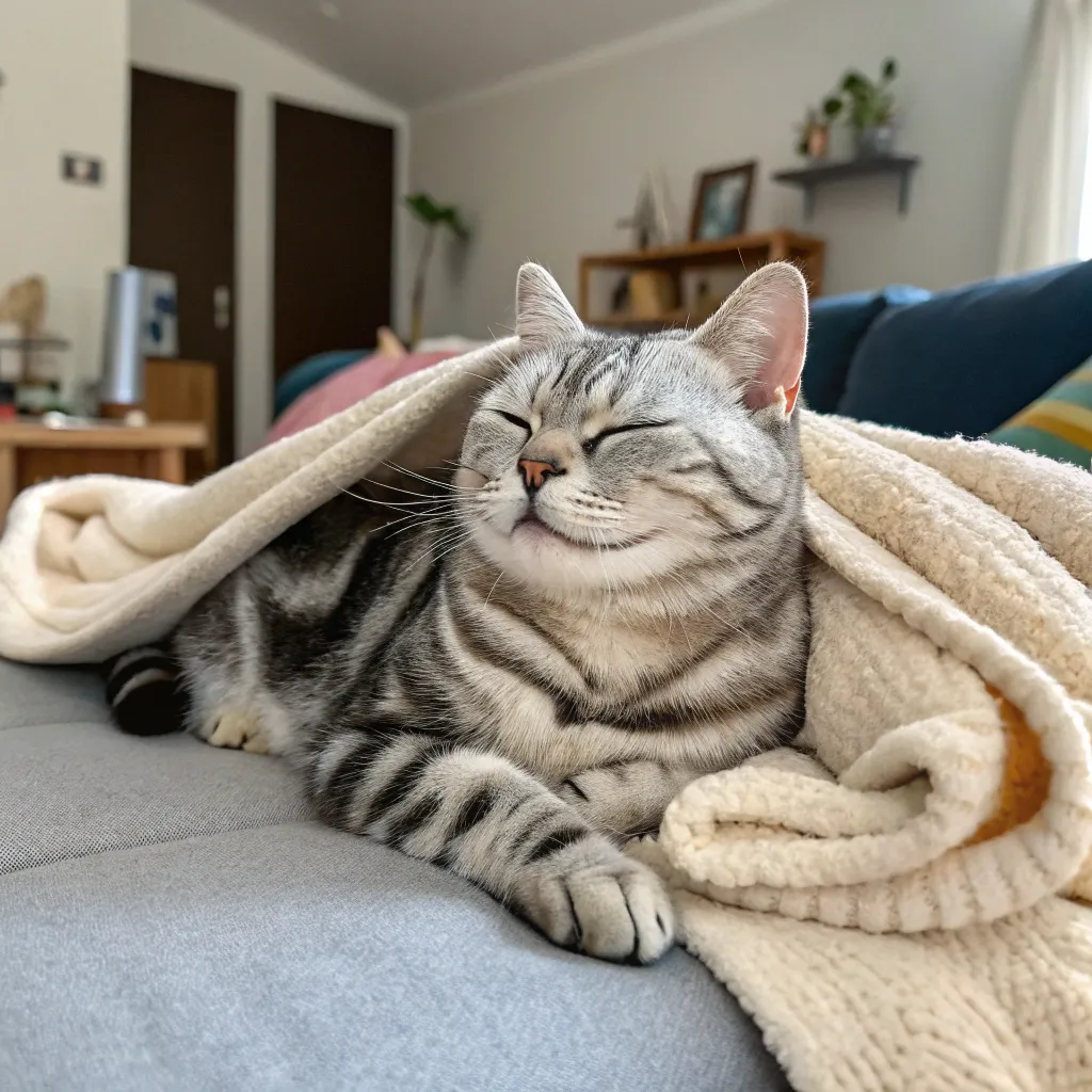 Healthy American Shorthair cat relaxing at home on a cozy blanket.