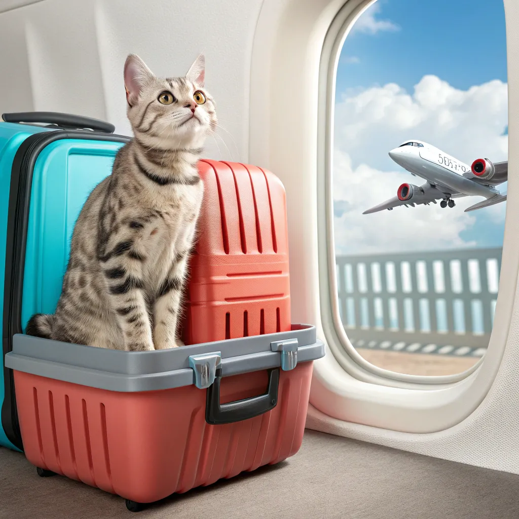 American Shorthair cat in a pet carrier ready for air travel with a suitcase and airplane window.