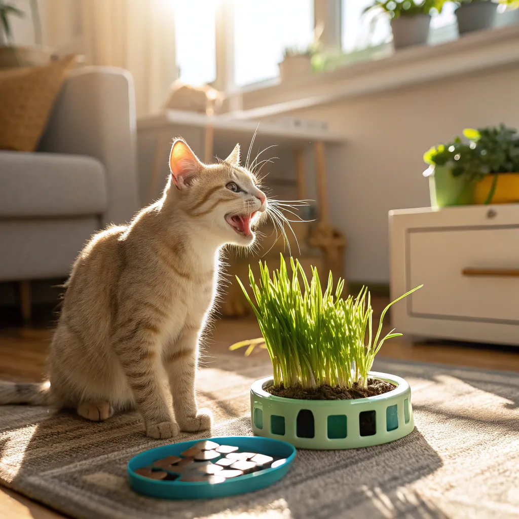 Cat enjoying cat grass and a puzzle feeder, safe distractions from litter eating.