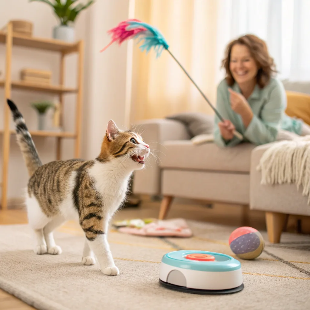 Cat playing with a feather toy while owner watches, promoting bonding and reducing door-guarding behavior.
