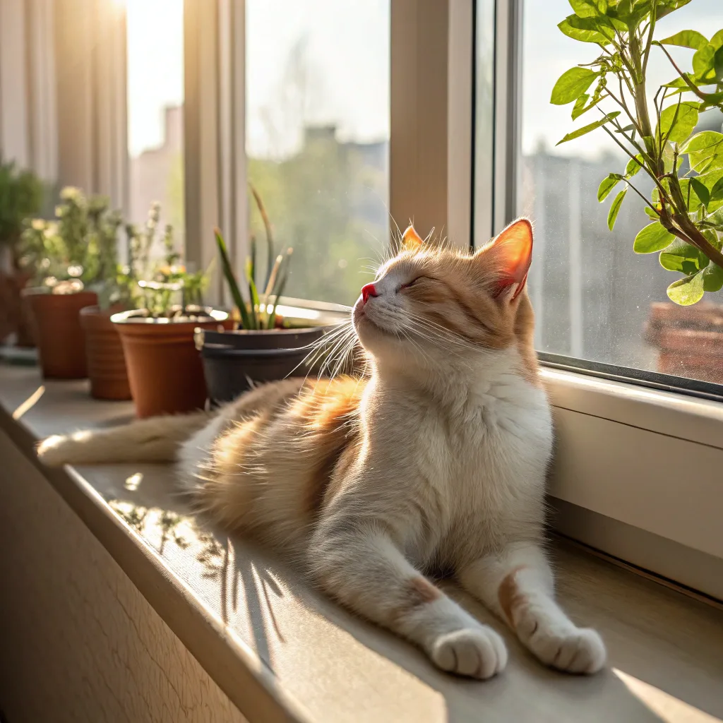  Healthy spayed cat relaxing on a sunny windowsill.
