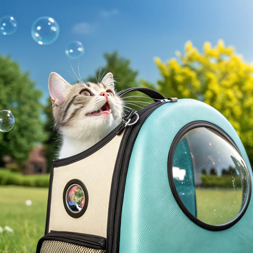Munchkin cat in a trendy backpack carrier with a bubble window, ready for travel.