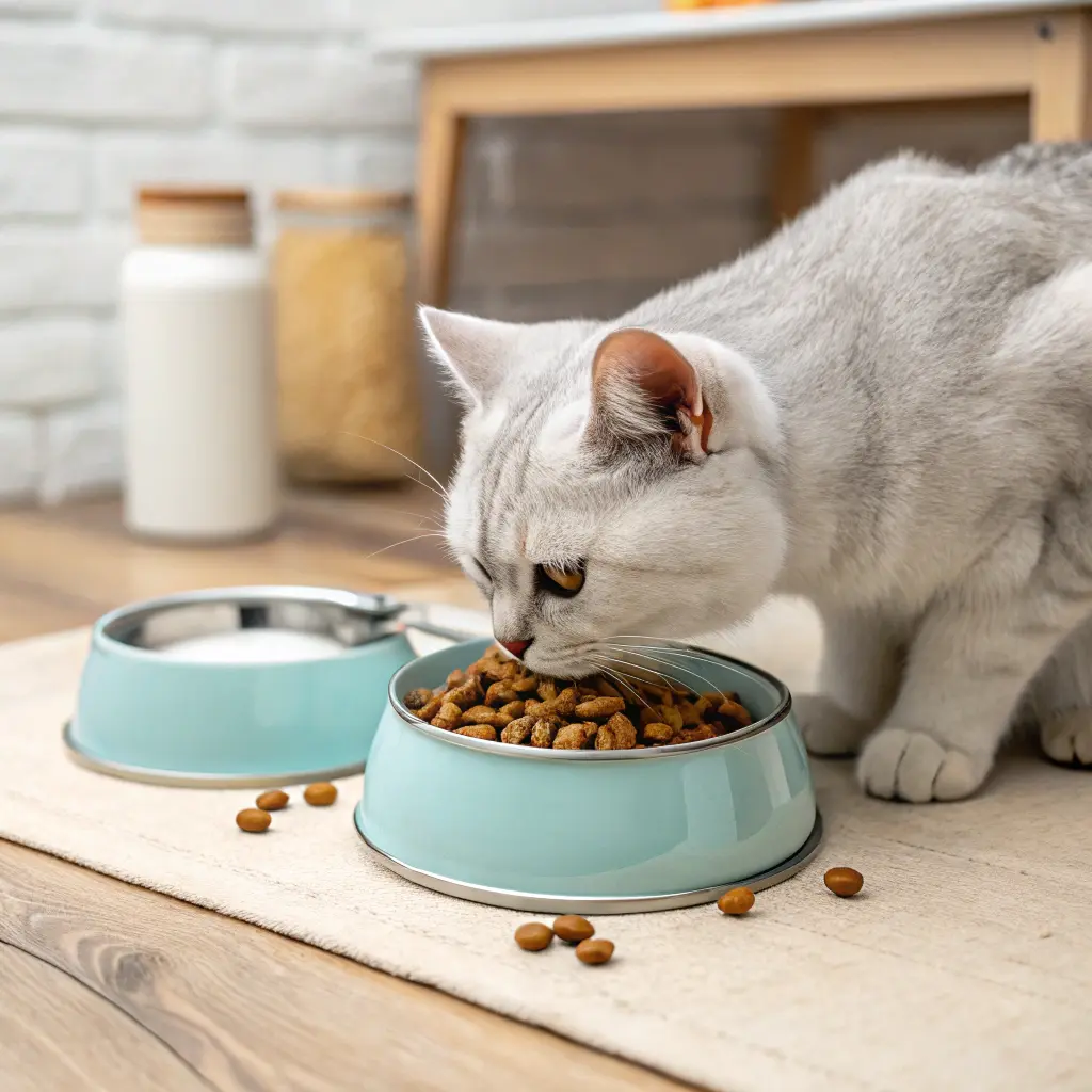 American Shorthair cat enjoying a nutritious meal to fuel its playful energy.