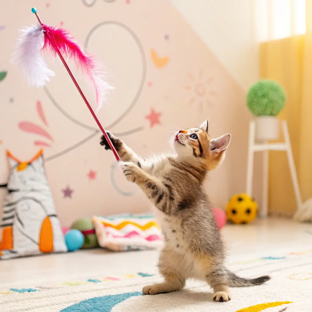 A happy cat plays with a toy, symbolizing the benefits of protecting cats from worms for a healthy, active life.