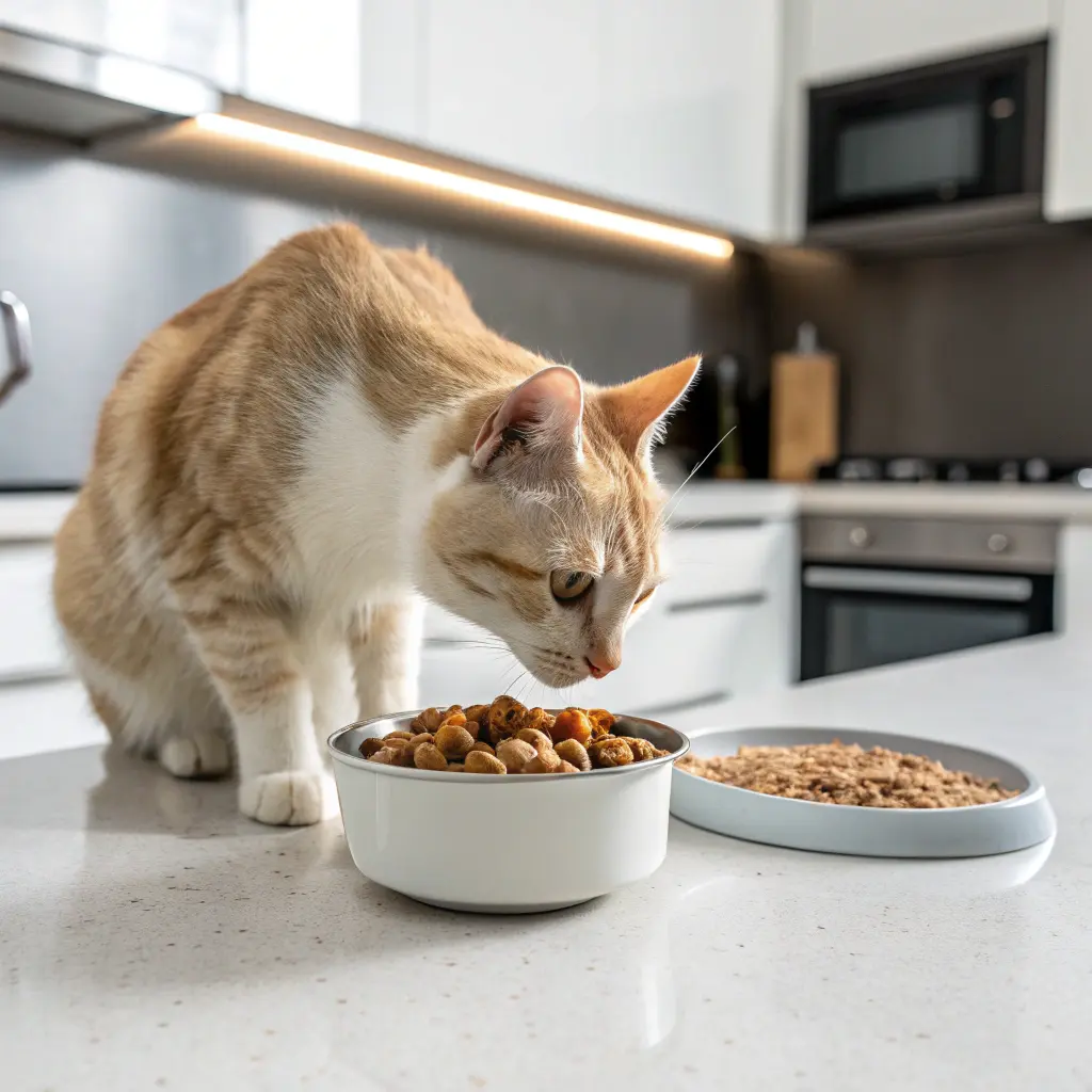a healthy cat with a glossy coat eating wet cat food from a bowl, with a clean, modern kitchen background.