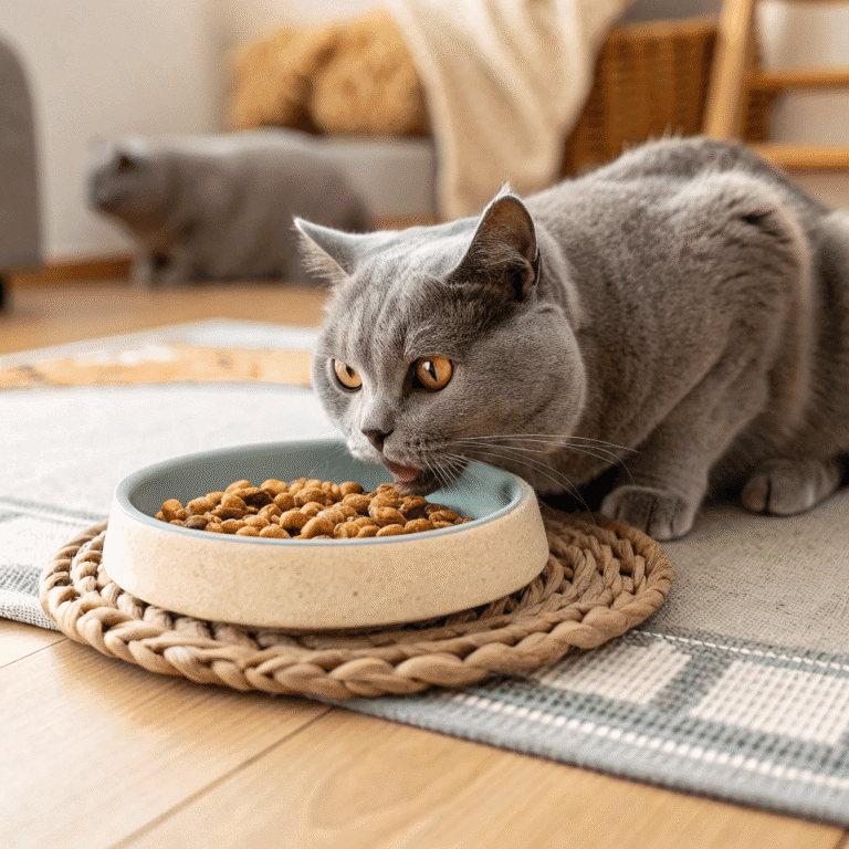 Senior cat eating softened kibble from a ceramic bowl, looking content.