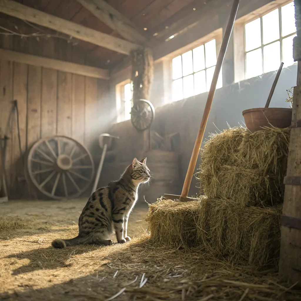 American Shorthair cat in a rustic barn, reflecting its historical role as a working cat.