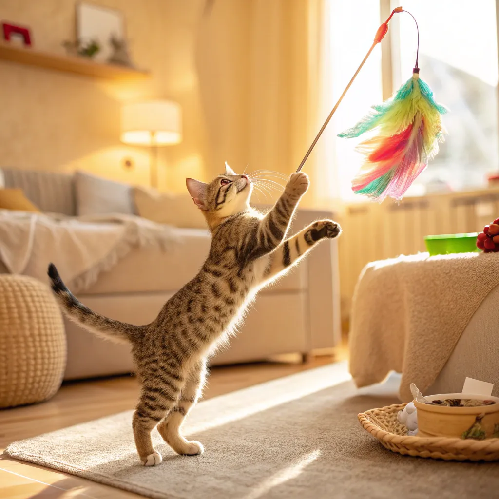 Happy cat playing after successful recovery from catheter removal.